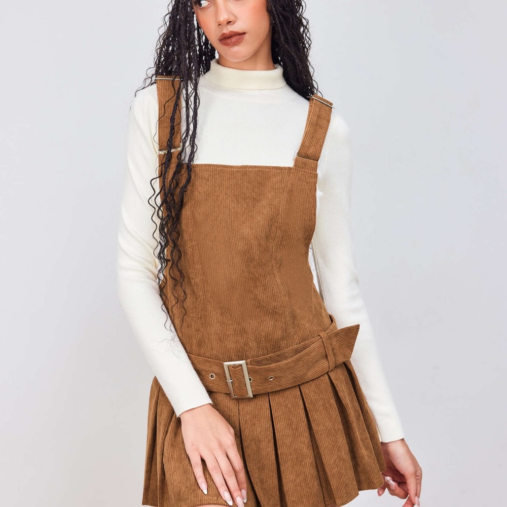 ⭐️NWT CIDER Corduroy Pleated Pinafore Belted Mini-Dress Grunge Indie Cottage